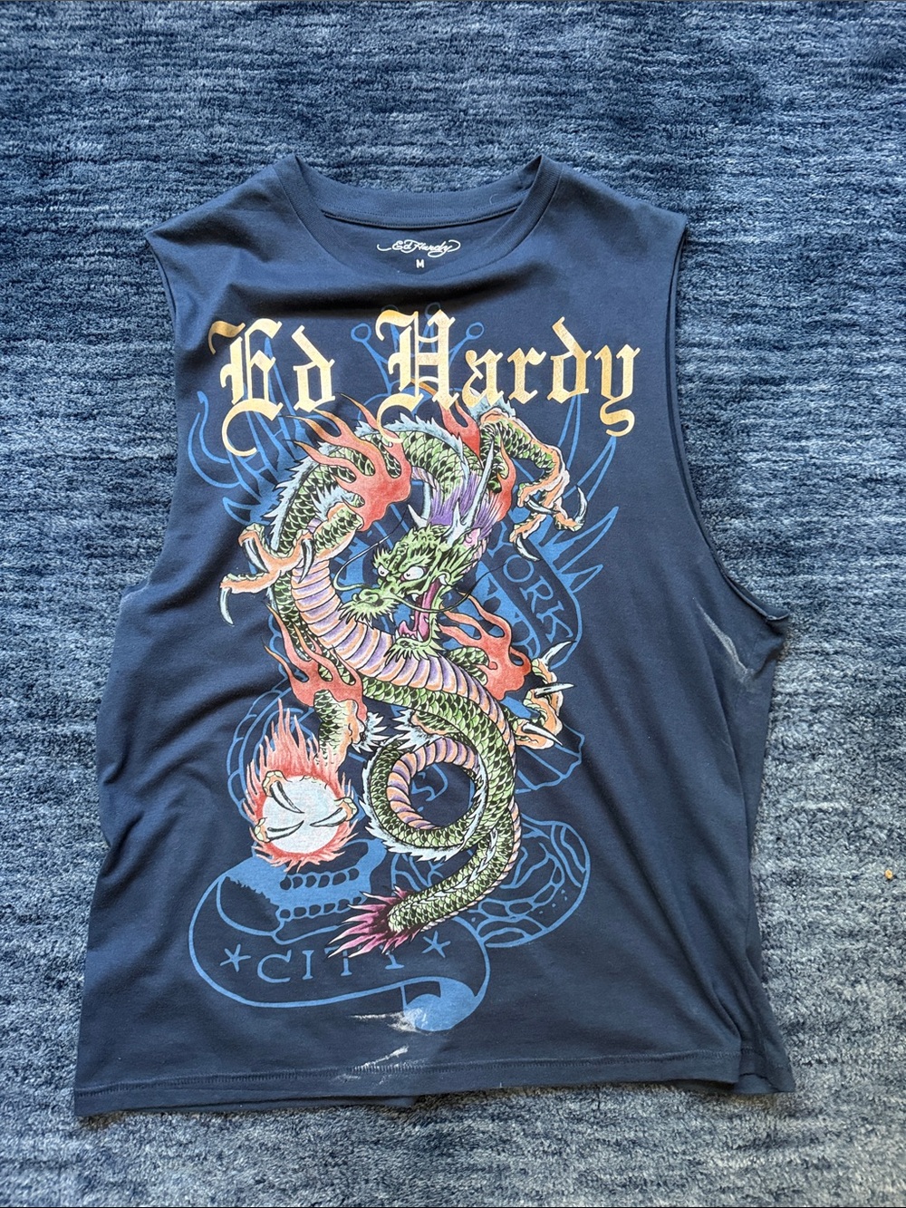 Ed Hardy Navy Dragon Print Sleeveless Tee